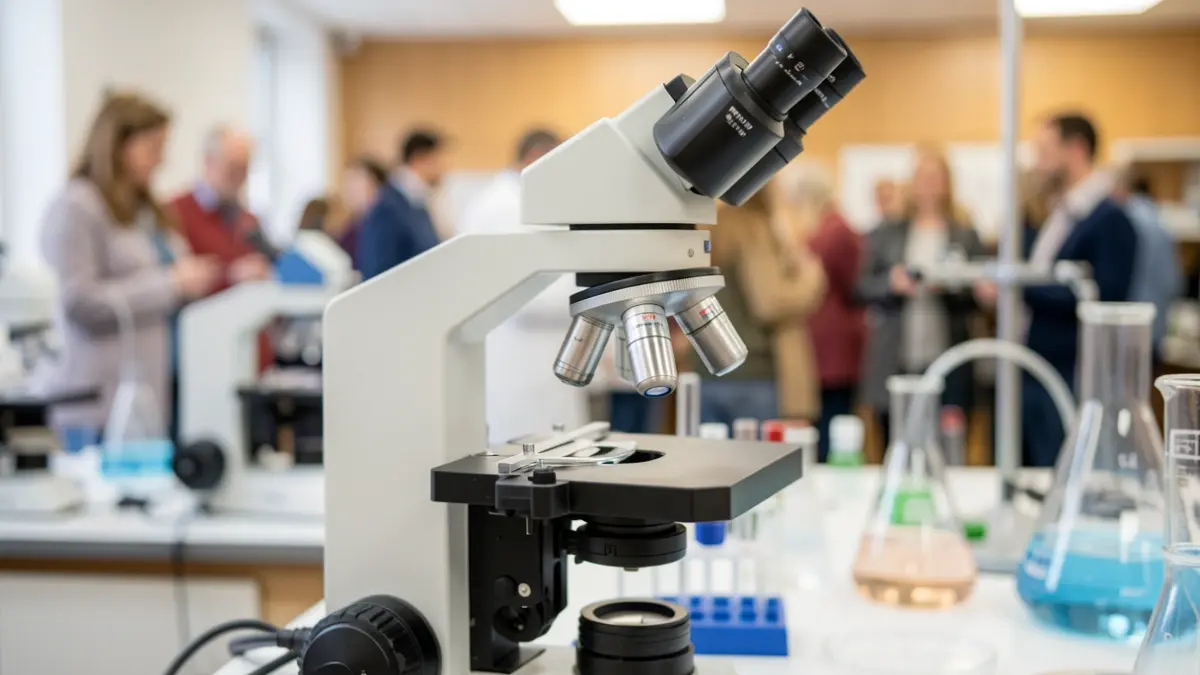 Primeiro plano dun microscopio de laboratorio moderno con equipamento científico difuminado ao fondo, luz ambiente suave, representando a investigación e a innovación en Galicia.
