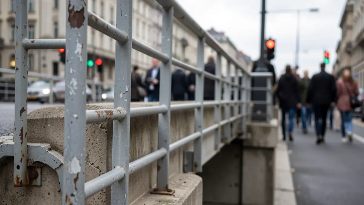 Generic image of a pedestrian bridge with signs of wear and tear and a blurred urban street in the background.