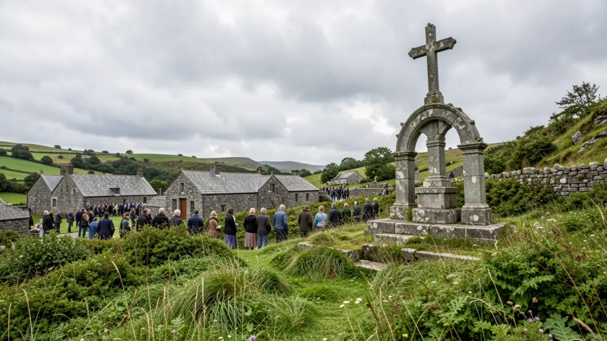 Generic image of a Galician landscape with granite architecture, a cruceiro, and green vegetation under a cloudy sky.