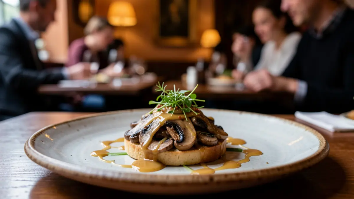 Imaxe xenérica dunha tapa de cogomelos nun prato rústico, con clientes gozando da comida nun restaurante.