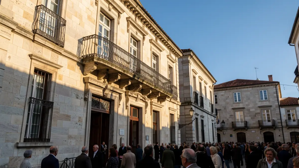 Imaxe xenérica dunha fachada de concello de granito galego con balcón ornamentado e raís de ferro, baixo a luz do sol da tarde e ceo azul.