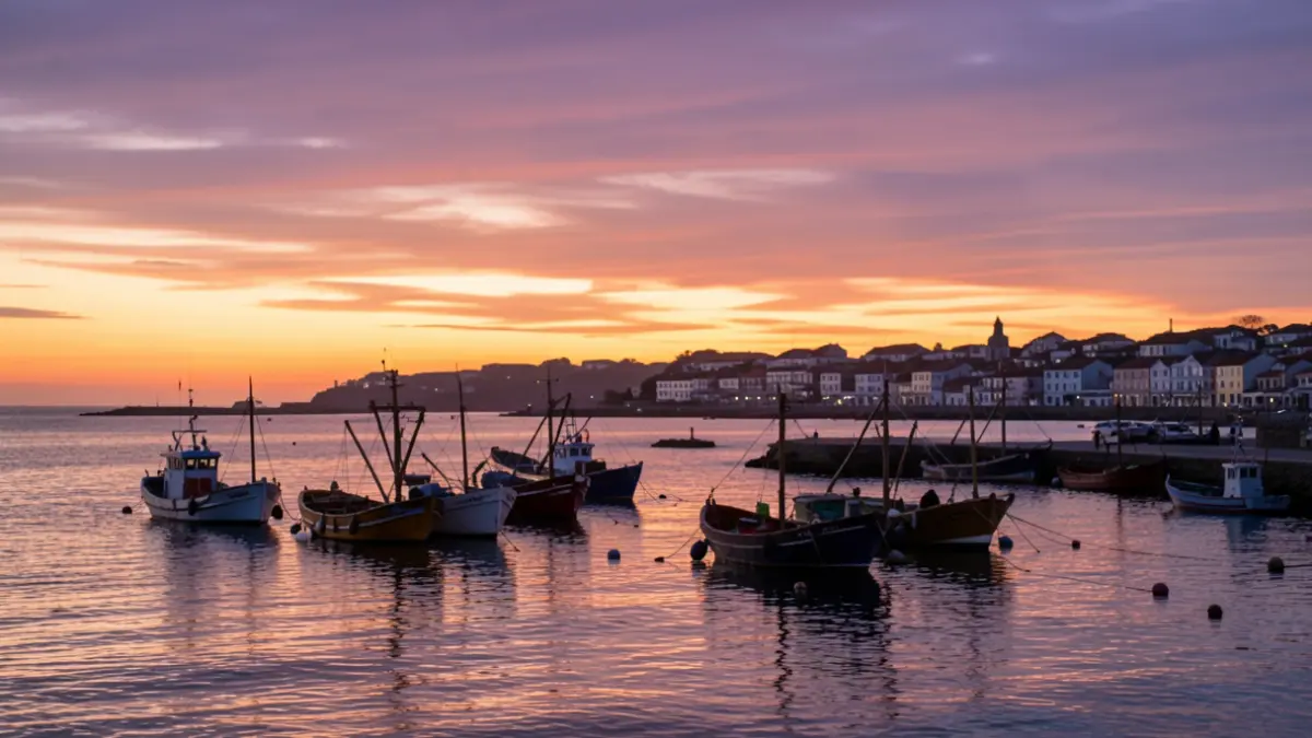 Imaxe xenérica de barcos de pesca na costa de Rianxo ao atardecer.