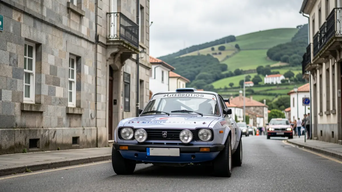 Imaxe dun coche de rally clásico na liña de saída dunha proba en Galicia.