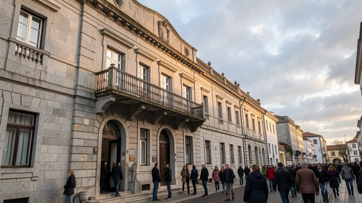 Imaxe xenérica dun edificio institucional galego con detalles de granito e balcón, baixo un ceo anubrado.