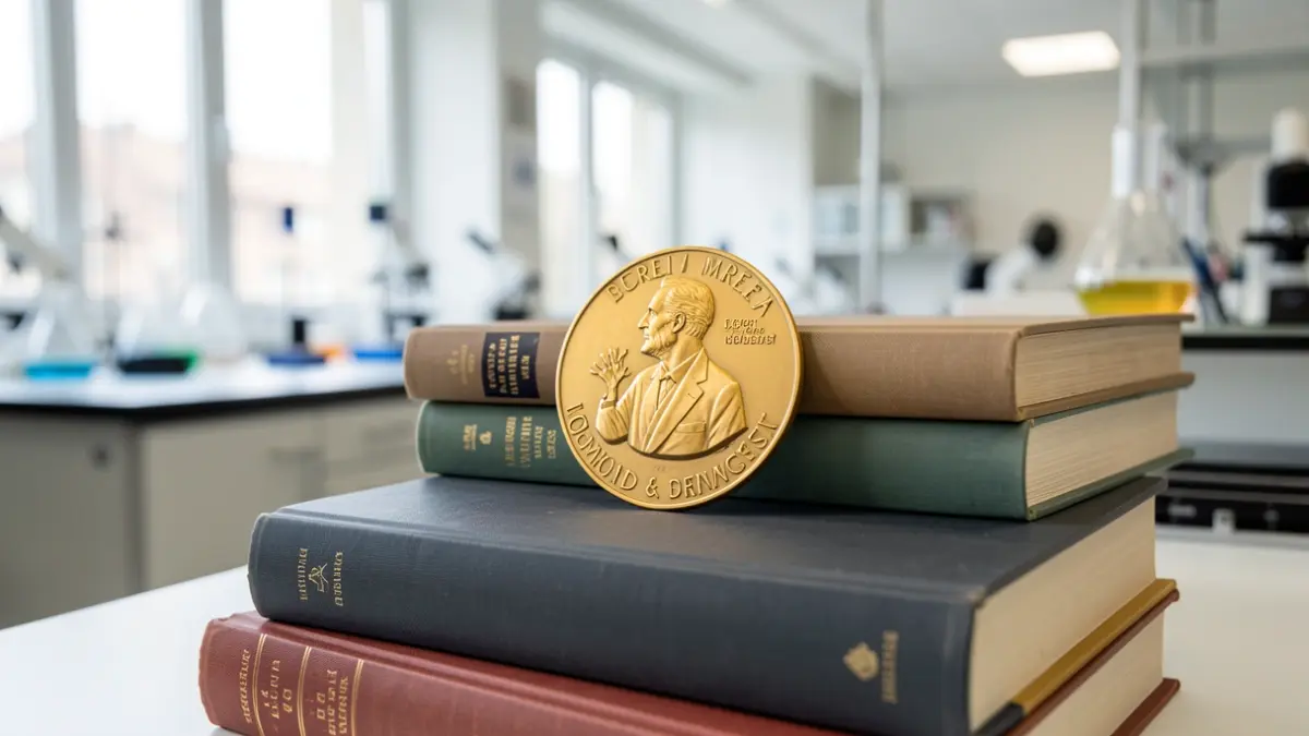 Medalla dun Premio Nobel sobre libros, cun laboratorio de investigación difuminado ao fondo.