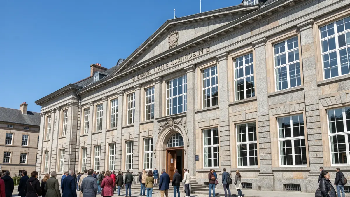 Imaxe xenérica dun edificio universitario galego de granito baixo un ceo azul.