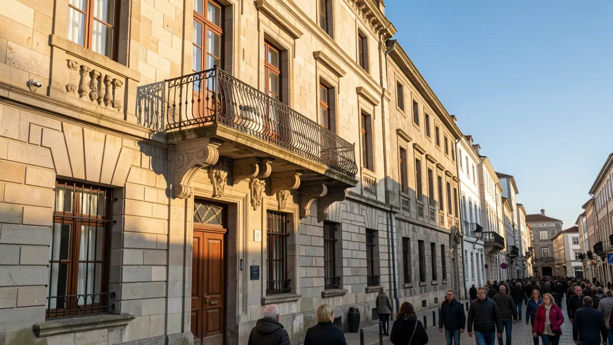 Fachada de un edificio institucional de Galicia con arquitectura de granito y balcón ornamentado bajo la luz del sol de la tarde.