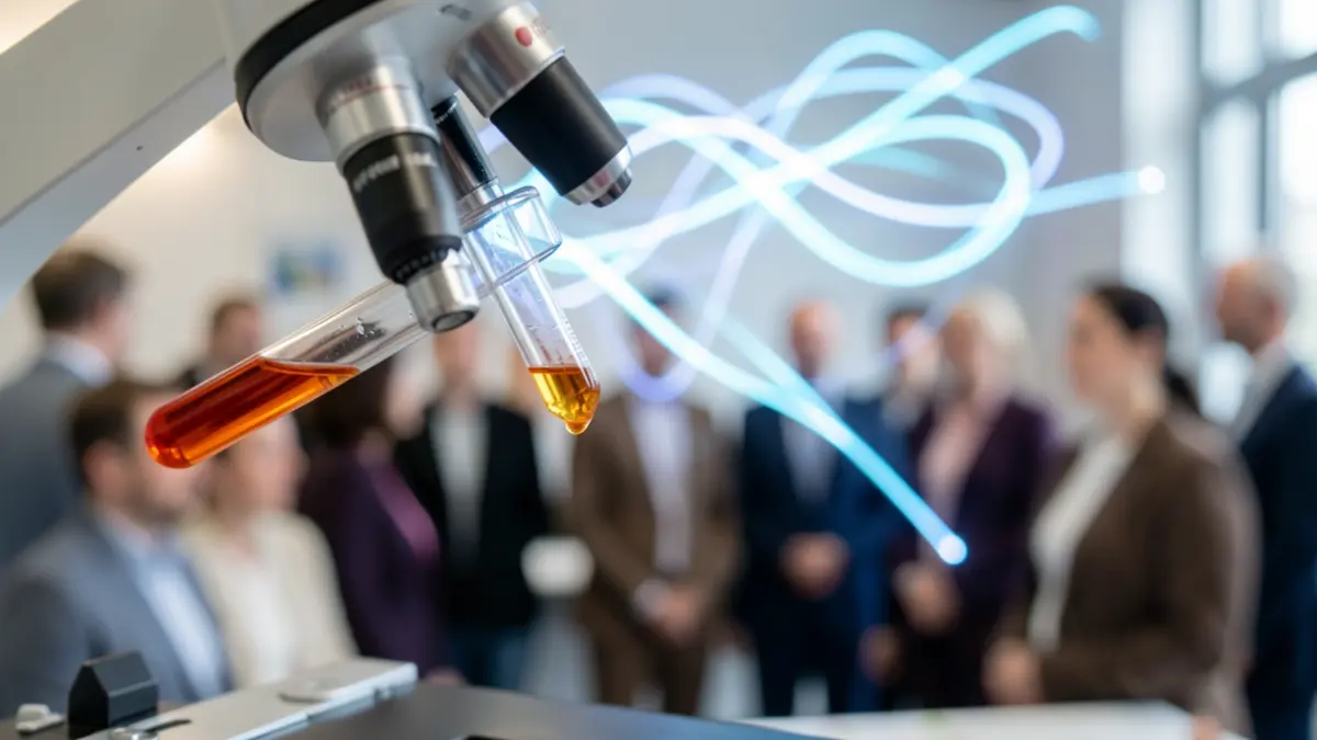 Imaxe dunha mostra de saliva baixo un microscopio con representación de intelixencia artificial.