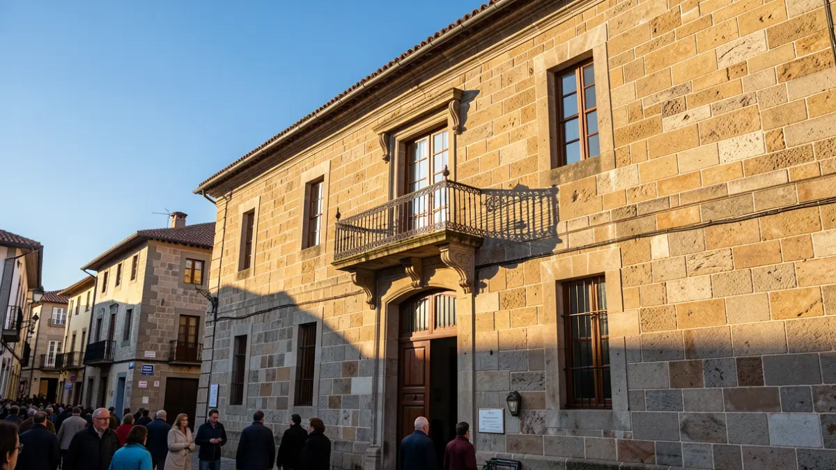 Fachada de un ayuntamiento gallego de piedra con balcón ornamentado y barandillas de hierro, bajo la luz del sol de la tarde.