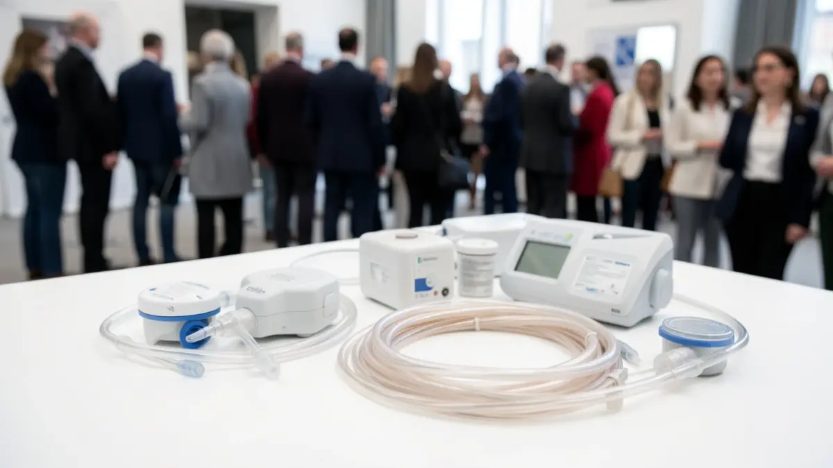 Imaxe xenérica de material médico de diálise, incluíndo filtros e tubos, sobre unha superficie branca.