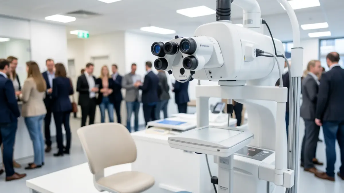 Imaxe xenérica dun equipo de tomografía de coherencia óptica e unha lámpada de fendedura nun hospital.