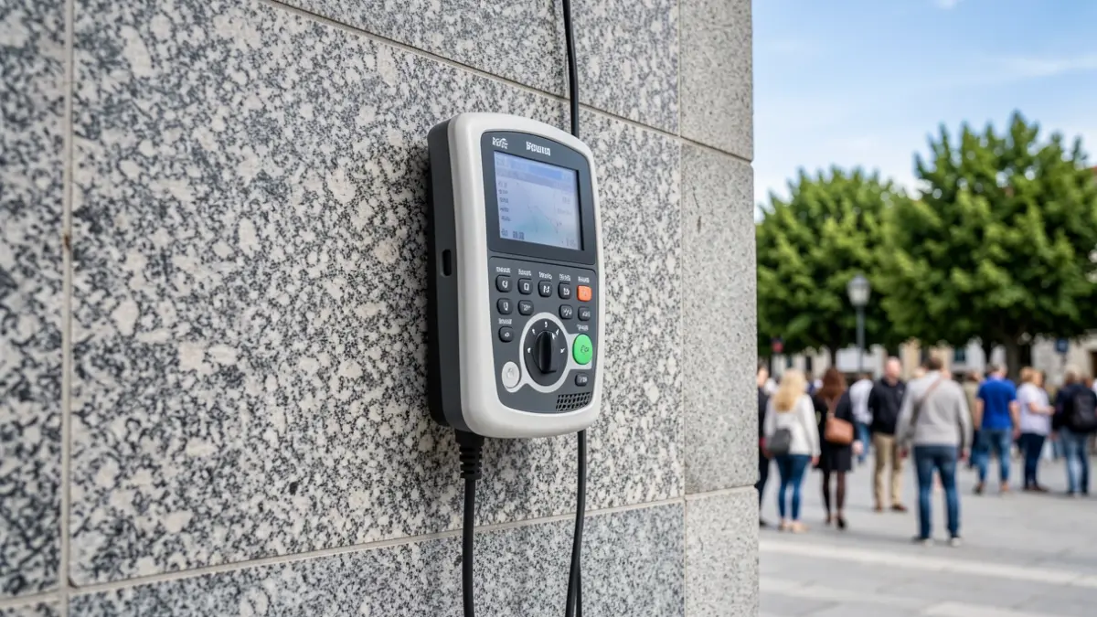 Generic image of a defibrillator on a granite wall in a Galician public square.