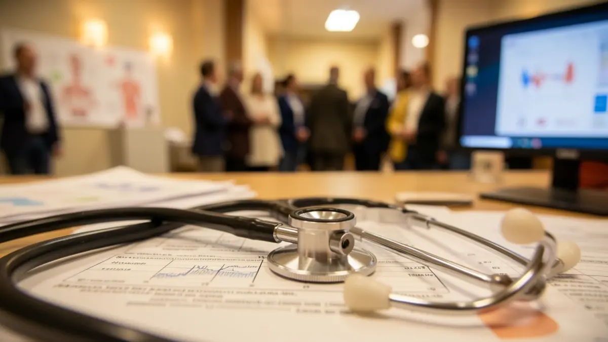 Imaxe xenérica dun estetoscopio sobre documentos médicos e unha pantalla de ordenador.