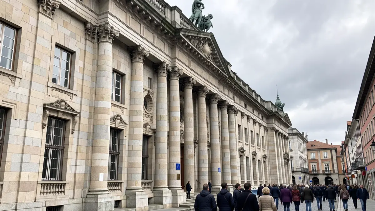 Imaxe xenérica do Parlamento de Galicia con arquitectura de granito e ceo nubrado.