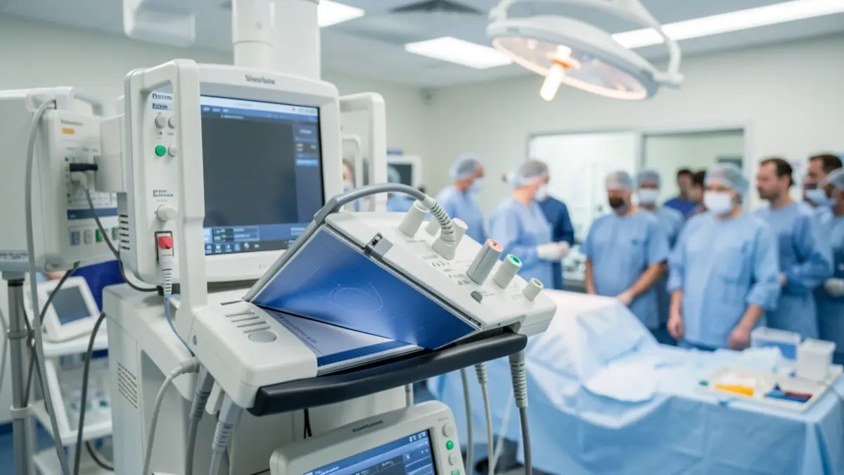 Imaxe xenérica dun equipo de radioloxía dixital portátil nunha sala de hospital.