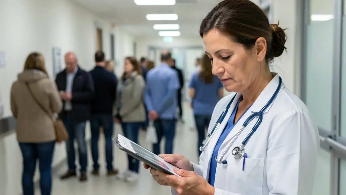 Imaxe xenérica dun profesional sanitario galego, médico ou enfermeiro, mirando atentamente un gráfico médico ou unha tableta, cun fondo difuminado dunha clínica moderna ou corredor de hospital. A iluminación é suave e profesional.