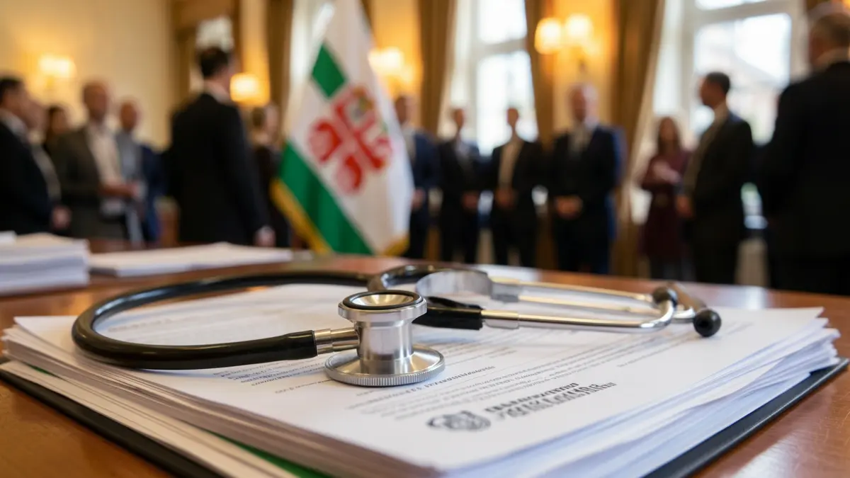Imaxe xenérica dun estetoscopio sobre documentos oficiais.