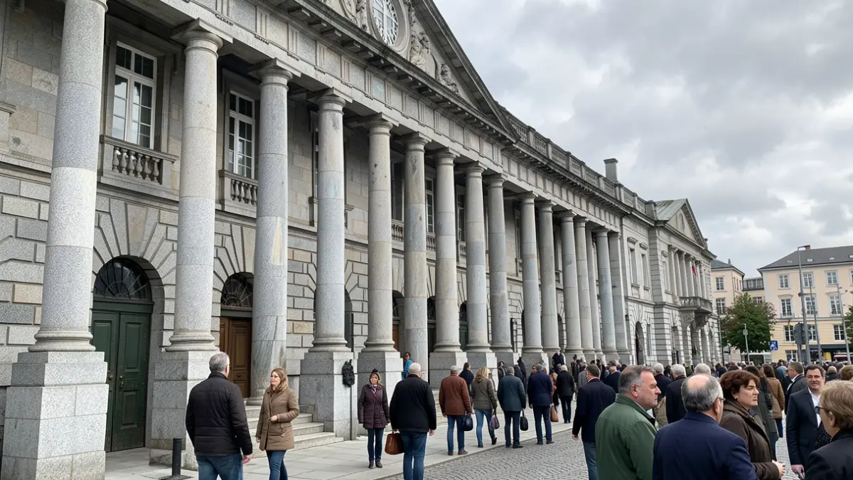 Imaxe xenérica do Parlamento de Galicia, con arquitectura de granito baixo un ceo nubrado.