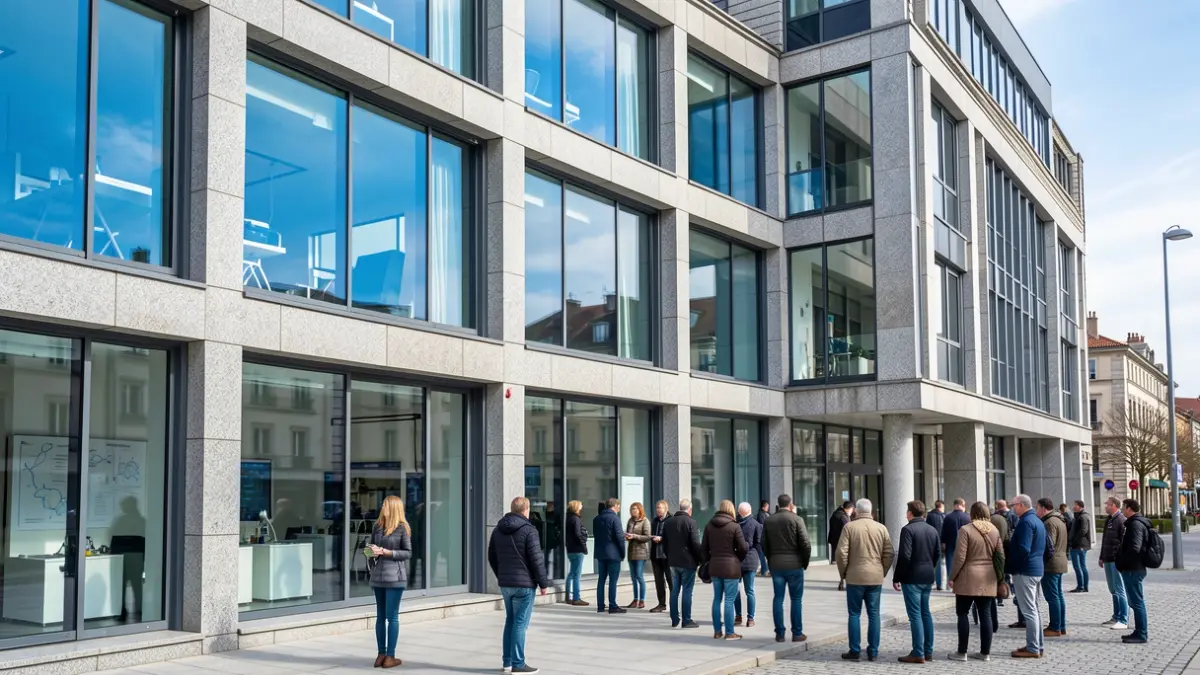 Imaxe xenérica dun edificio moderno con ventás grandes reflectindo un ceo azul, simbolizando tecnoloxía e innovación.