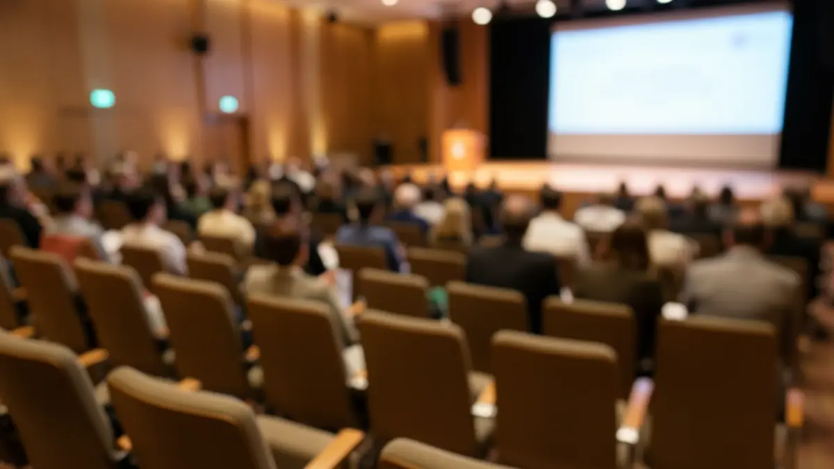 Imaxe xenérica dunha sala de congresos baleira con asentos e un atril.