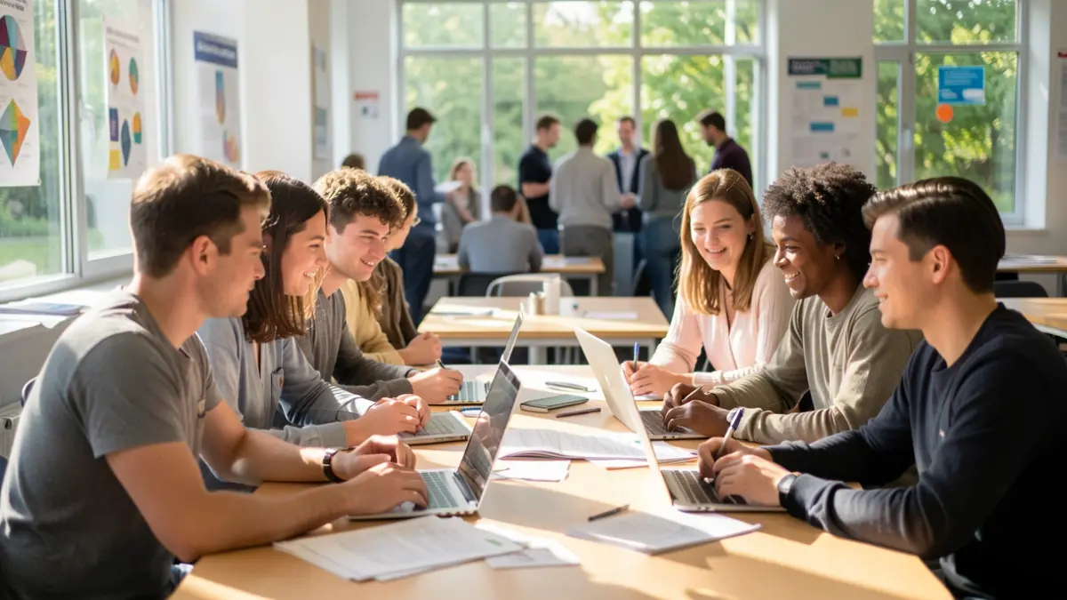 Imaxe xenérica de mozos e mozas colaborando en ideas nunha aula universitaria.
