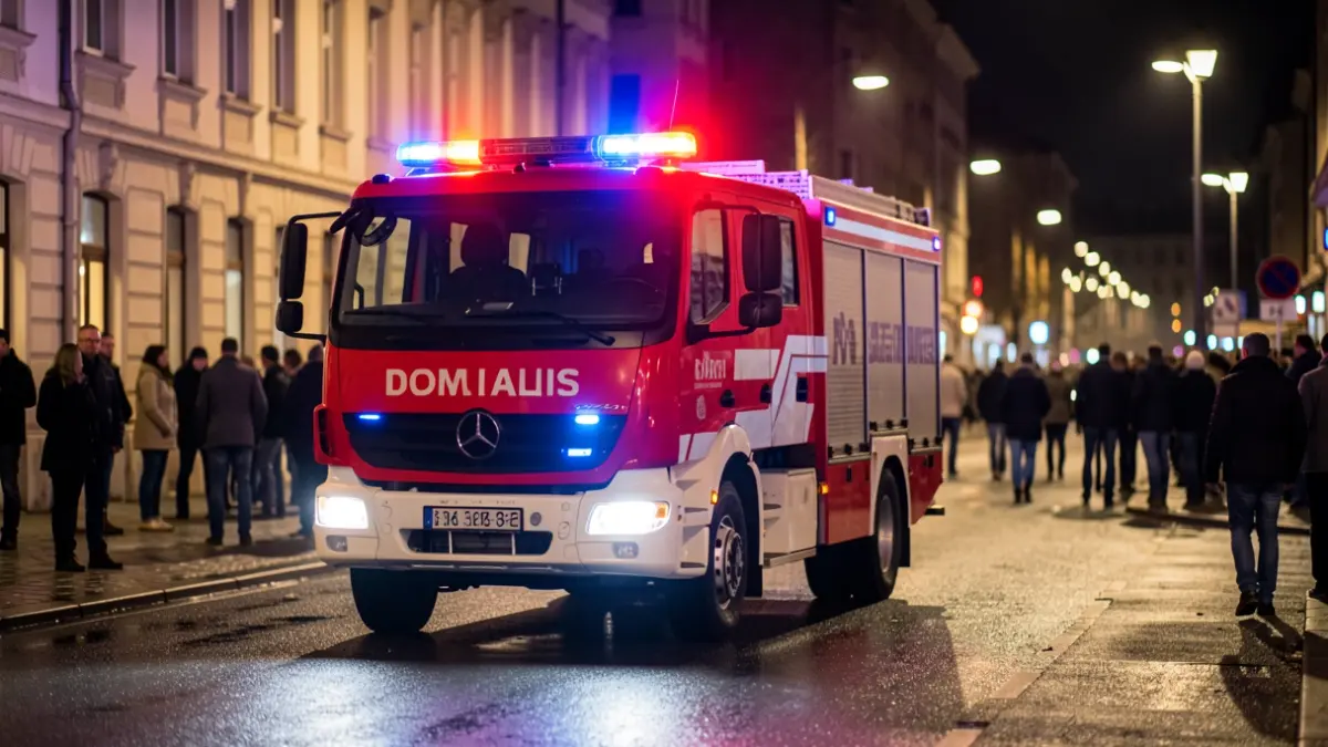 Imaxe xenérica de luces de emerxencia dun camión de bombeiros reflectidas nunha rúa mollada pola noite.