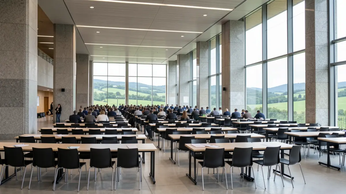 Imaxe dun recinto feiral en Galicia preparado para exames, con mesas e cadeiras.