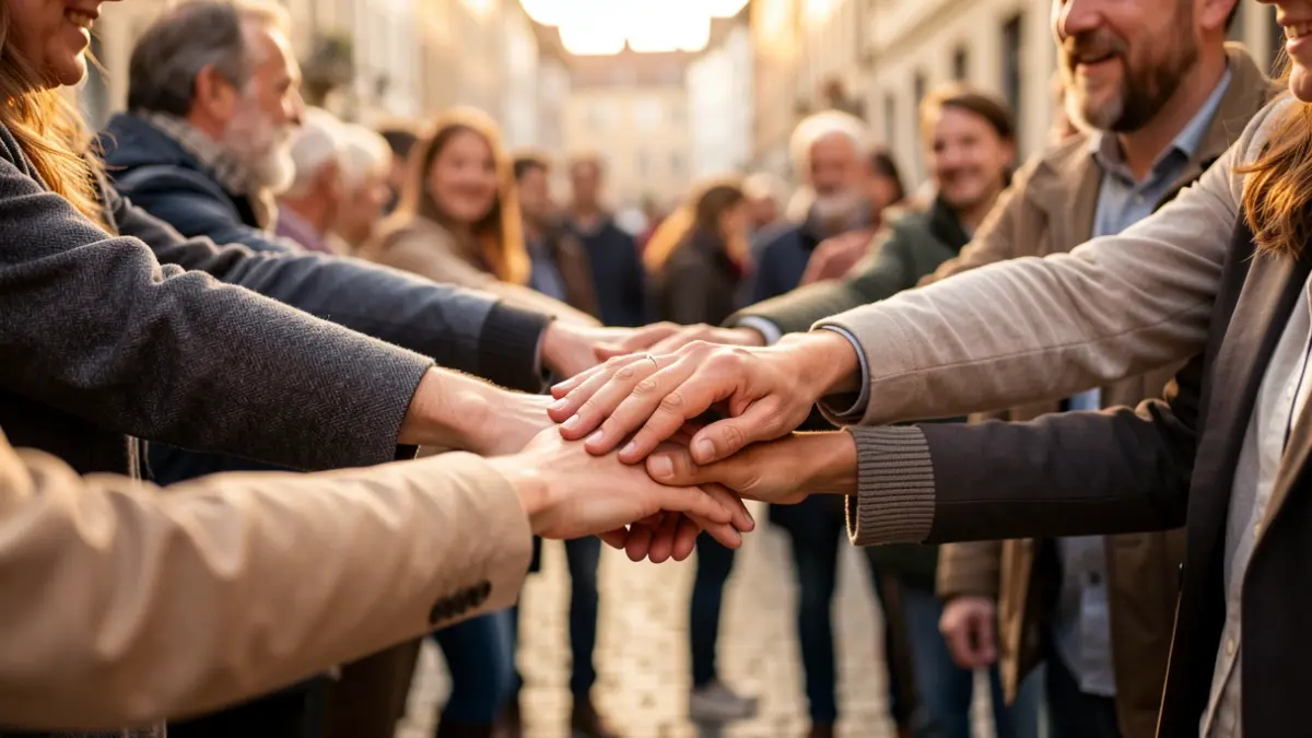 Imaxe xenérica de mans de diferentes idades estendéndose cara ao centro, simbolizando apoio e comunidade.