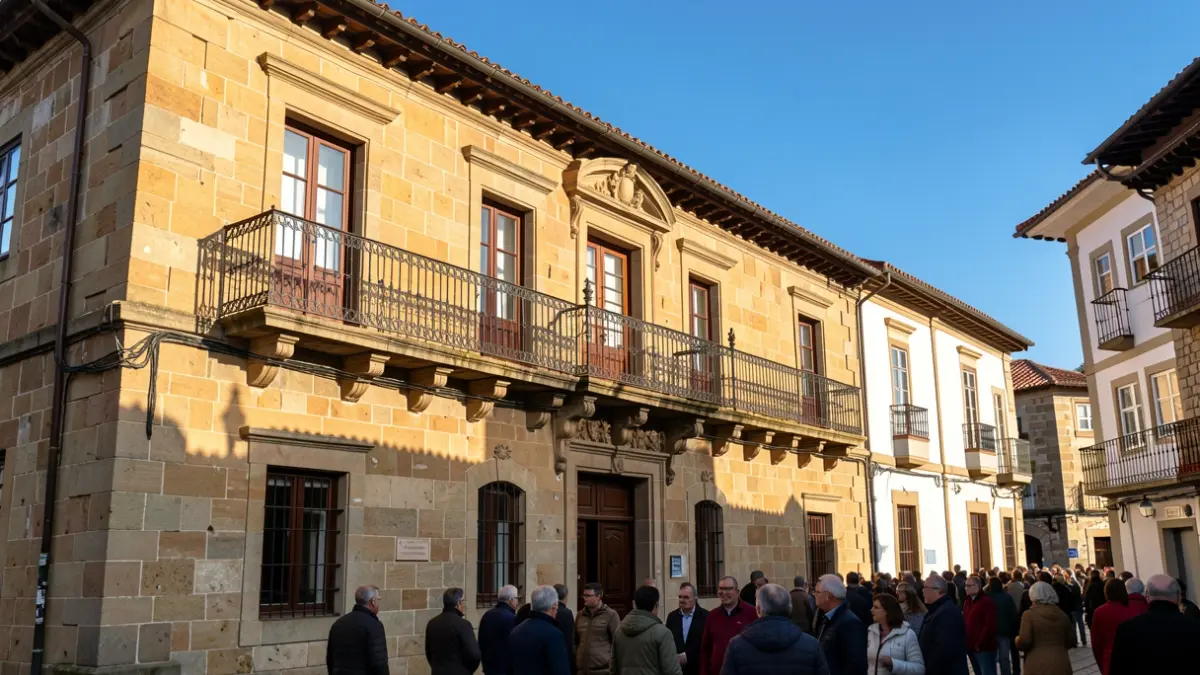 Imaxe xenérica dunha fachada de concello de pedra galego con balcón ornamentado e raís de ferro. Luz cálida da tarde.