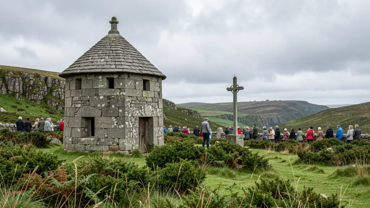Generic image of a Galician landscape with granite architecture, a hórreo, and a cruceiro under a cloudy sky.