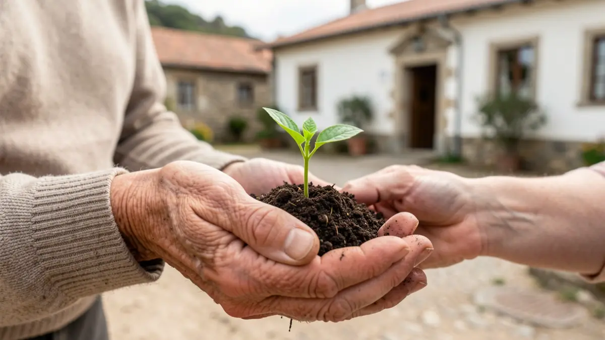 Manos de mayores sosteniendo una planta, símbolo de experiencia y comunidad en Silleda.