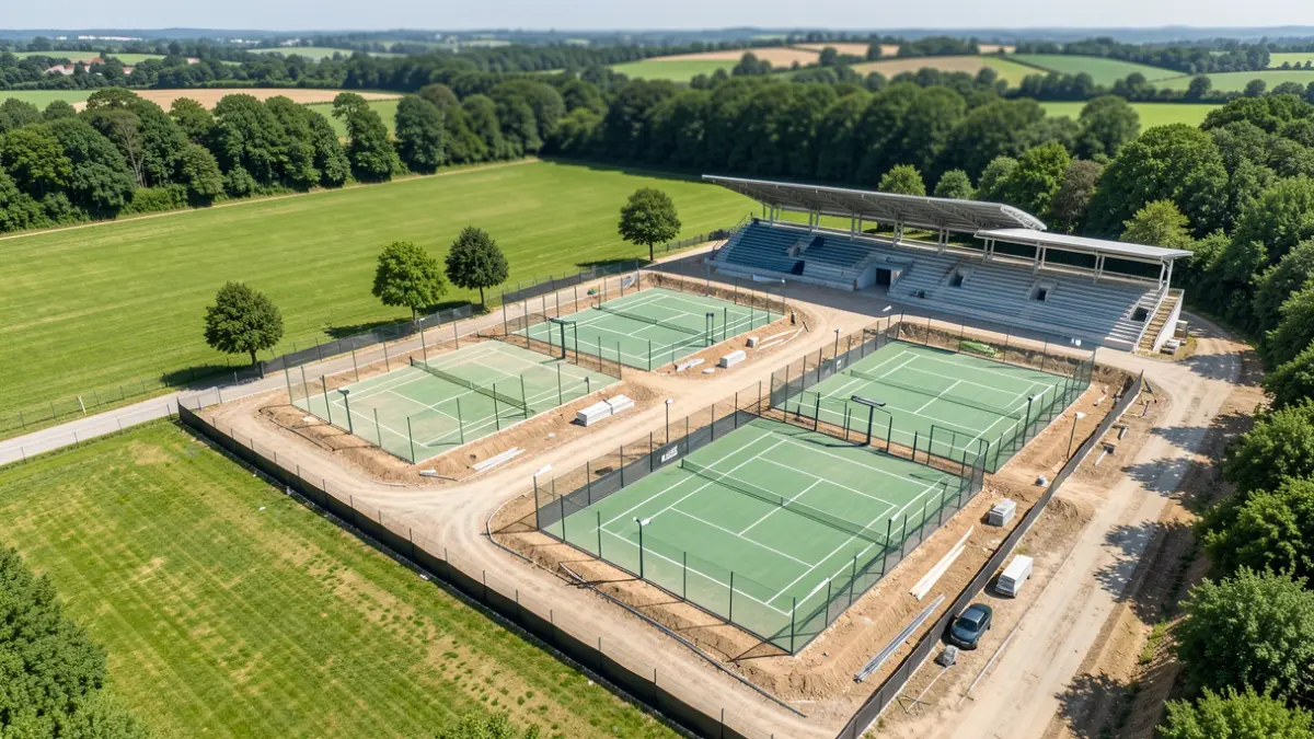 Vista aérea de un complejo deportivo en construcción con tres nuevas pistas de pádel.