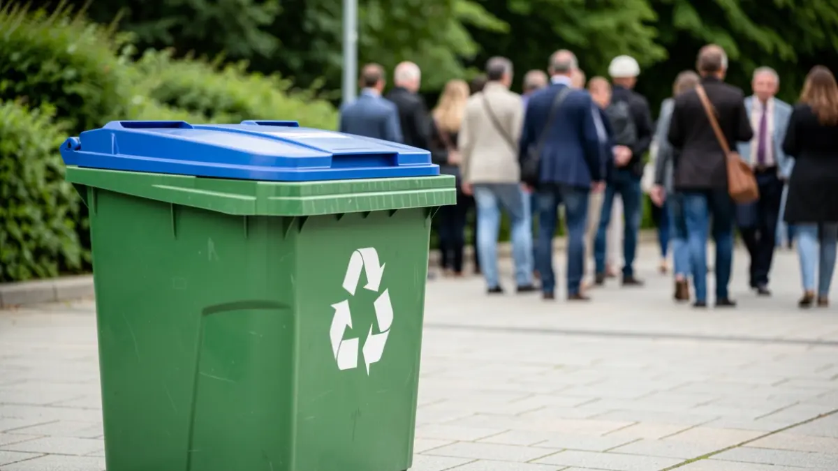 Imaxe xenérica dun colector de reciclaxe verde con tapa azul, situado nun exterior sobre pavimento, con vexetación verde desenfocada ao fondo.