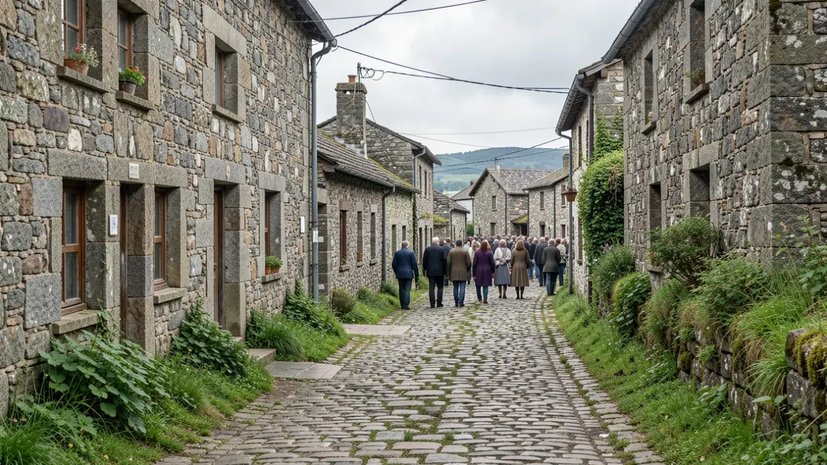 Imaxe xenérica dunha rúa rural galega con casas de granito e unha estrada estreita e irregular, vexetación verde visible, ceo nubrado.