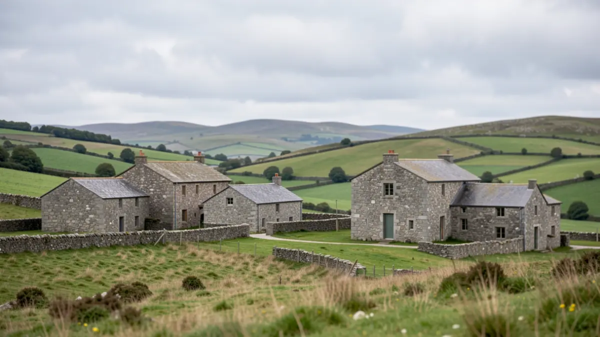 Generic image of a Galician rural landscape with stone buildings under a cloudy sky.