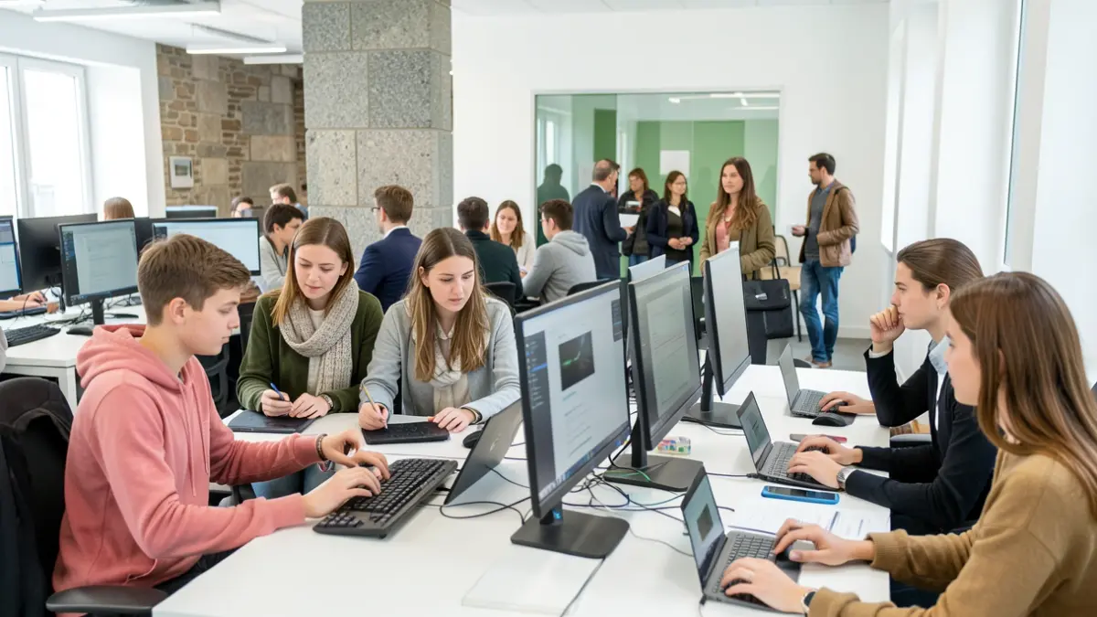 Imagen genérica de estudiantes interactuando con tecnología en una oficina moderna.