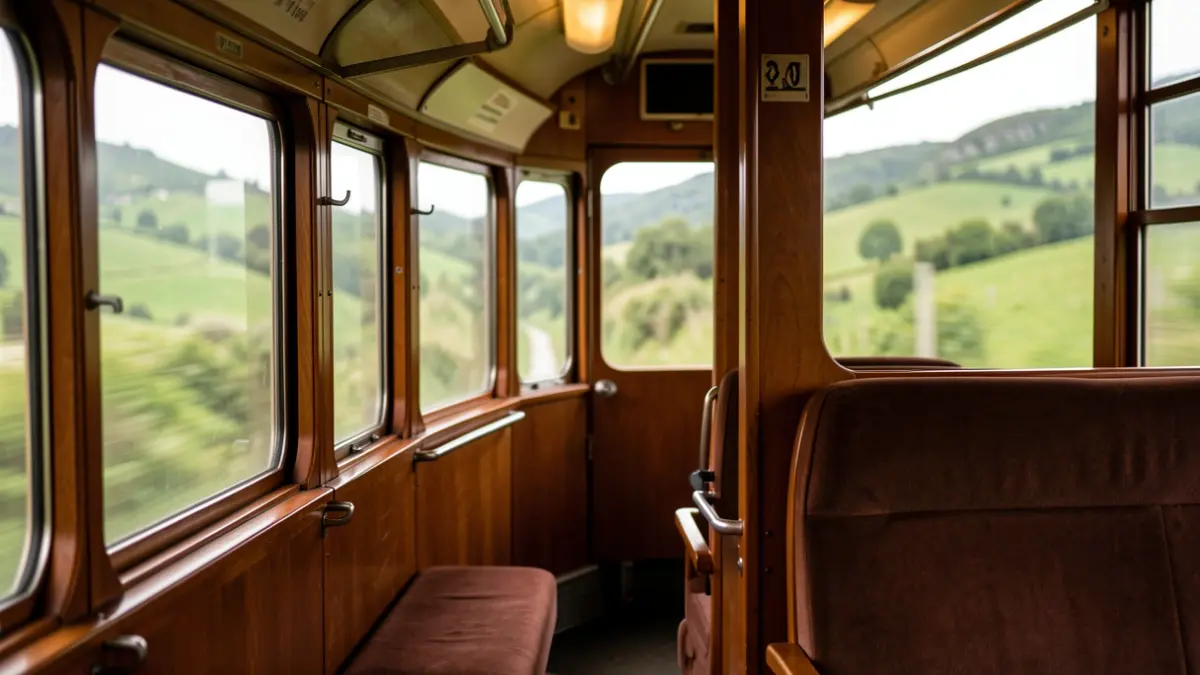 Imagen de un vagón de tren turístico con paisaje gallego borroso al fondo.