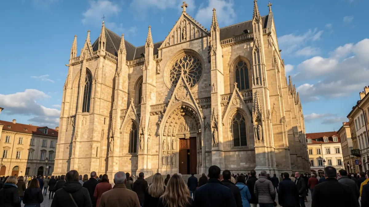 Fachada de pedra da Catedral de Tui con detalles góticos, luz do sol da tarde.