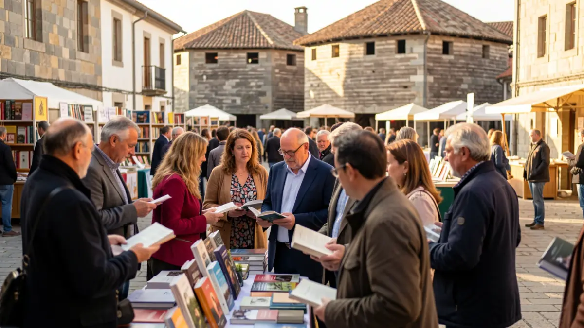 Generic image of a literary convention in a historic Galician square with people discussing books.