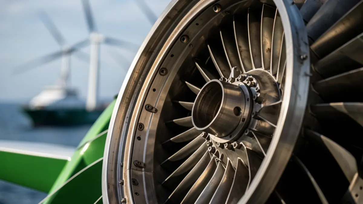 Primeiro plano dunha turbina de gas de gran tamaño con intrincados detalles metálicos, suxerindo enxeñaría avanzada. Ao fondo, formas abstractas difuminadas insinúan un contorno marítimo e conceptos de enerxía verde.