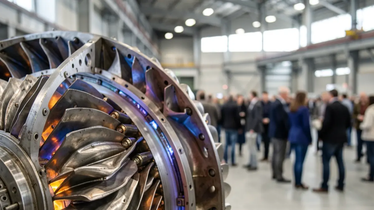 Primer plano de un componente de turbina de gas con intrincada metalurgia, sutil brillo azul y naranja sugiriendo energía interna.