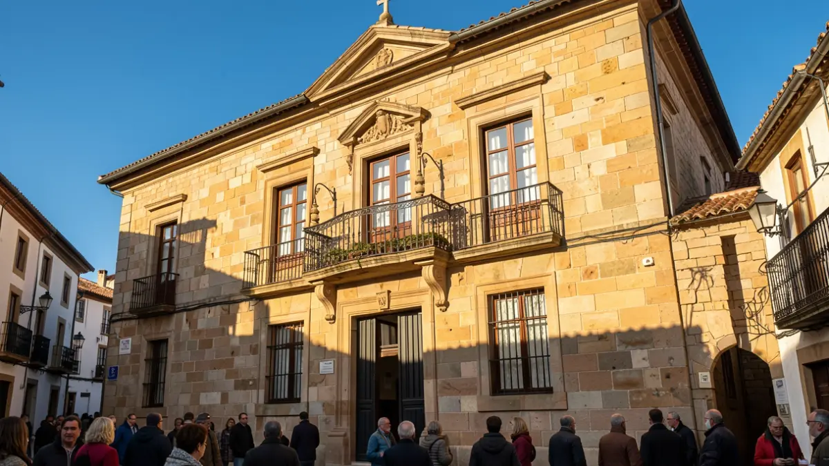 Generic image of a Galician stone town hall facade with an ornate balcony and iron railings, in warm afternoon light, blue sky.
