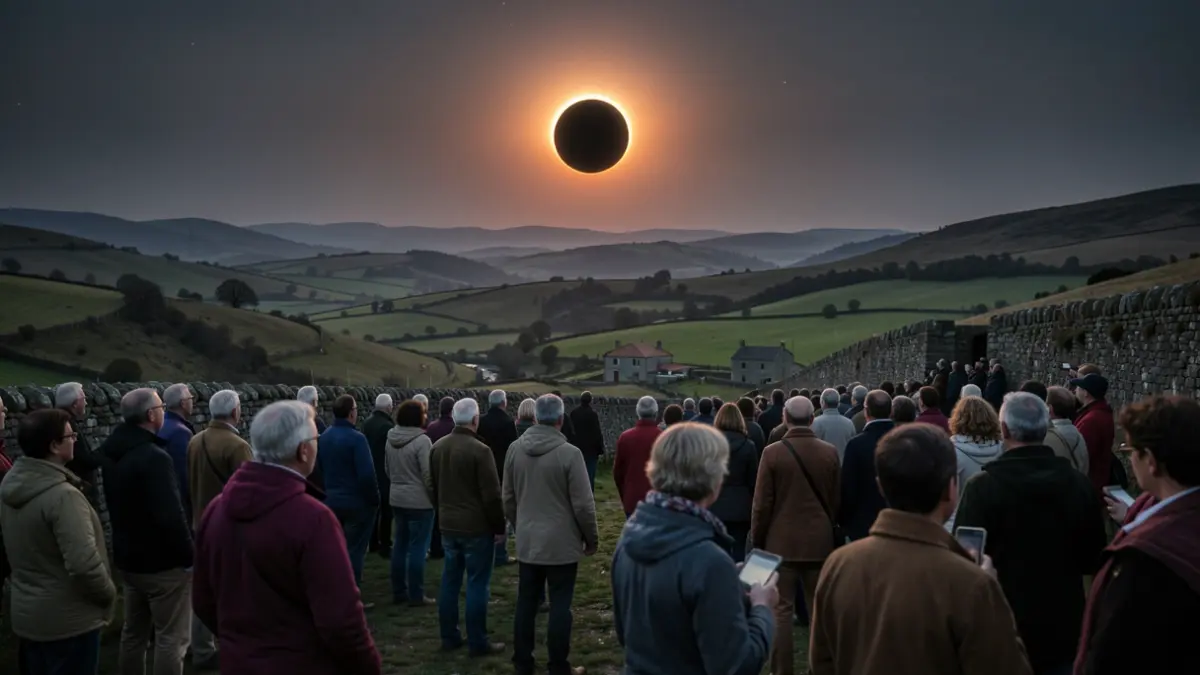 Imaxe dunha multitude observando un eclipse solar en Lugo, con paisaxes e momentos compartidos.