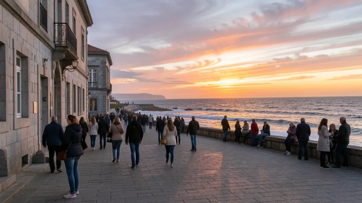 Imaxe dun solpor sobre o paseo marítimo de Arteixo, con arquitectura de granito e o mar de fondo.