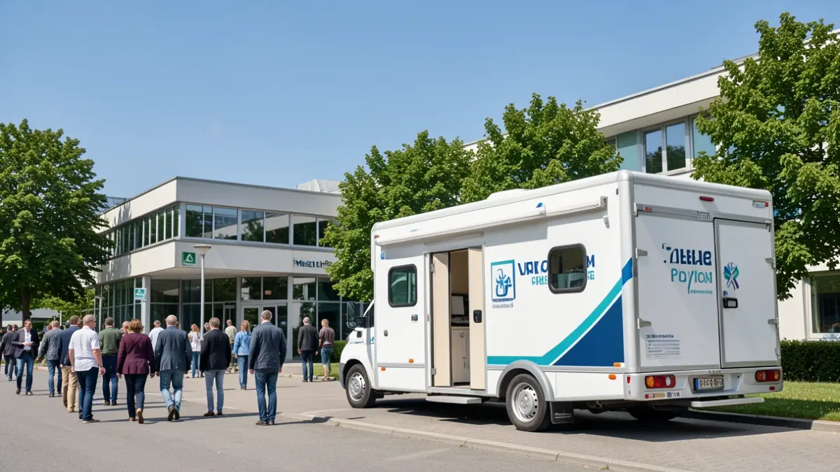 Imagen genérica de una unidad móvil de donación de sangre aparcada cerca de un centro de salud.