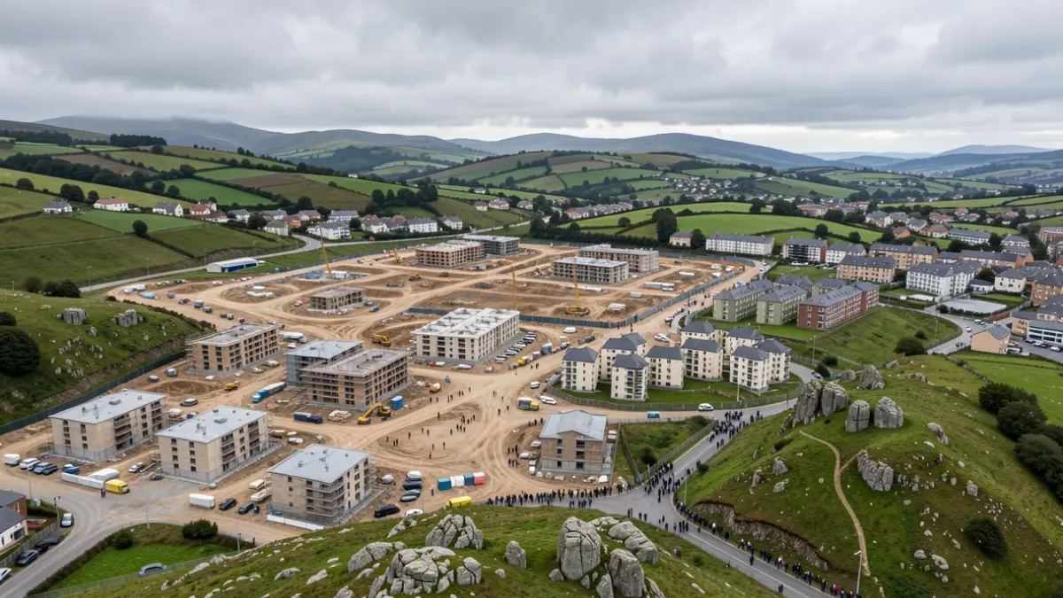Vista aérea de una zona de desarrollo urbanístico en Galicia con obras y edificios residenciales en construcción.