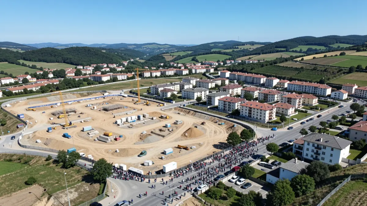 Vista aérea dunha zona de desenvolvemento urbanístico en Galicia con obras e vivendas en construción.