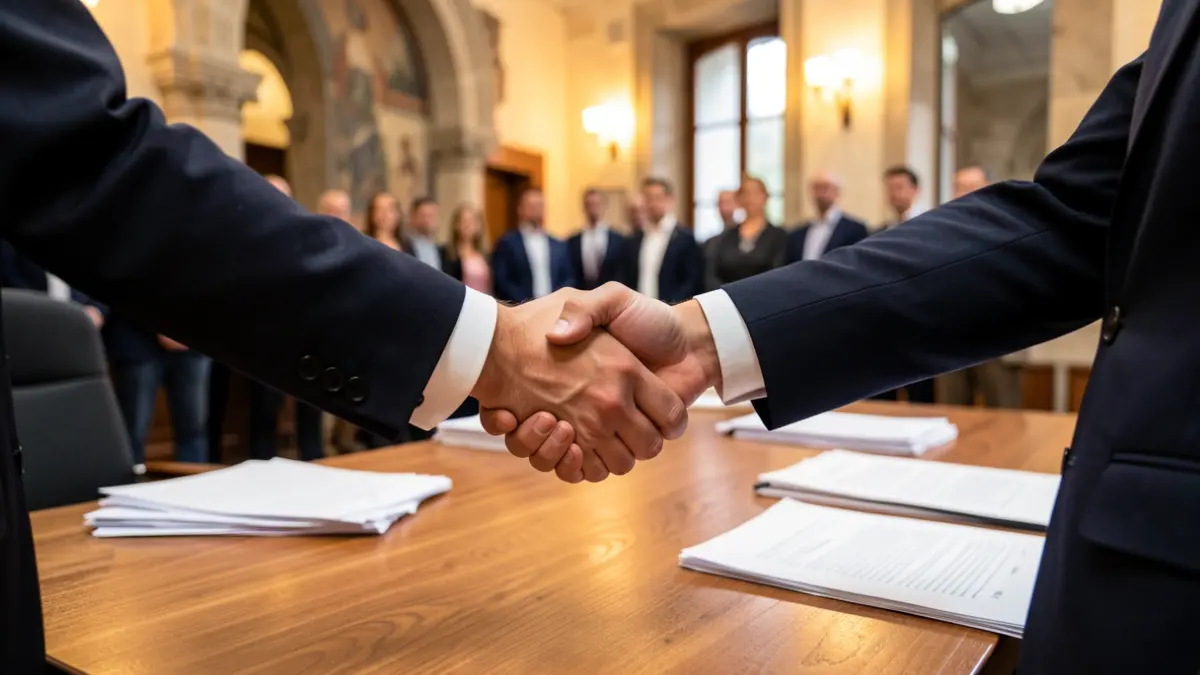 Dos manos estrechándose sobre una mesa de madera, simbolizando un acuerdo entre instituciones.