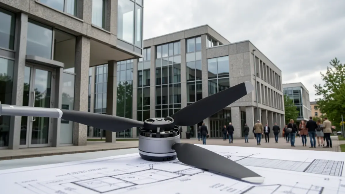 Imaxe xenérica dun edificio universitario moderno con elementos de granito e un dron.