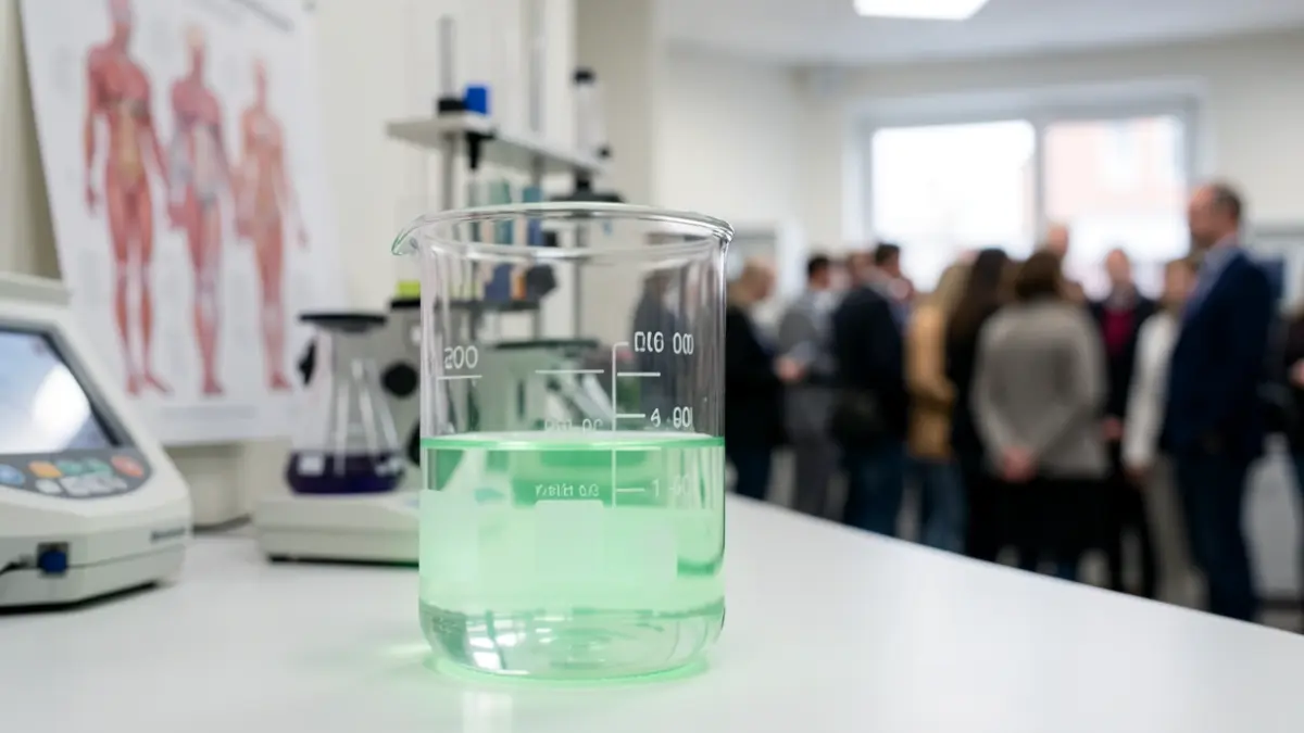 Primer plano de un vaso de precipitados con agua y un ligero brillo verde, en un laboratorio.